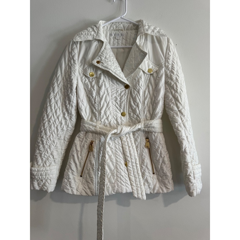 Via Spiga Quilted Belted Jacket Womens Medium White Gold Hardware Chevron